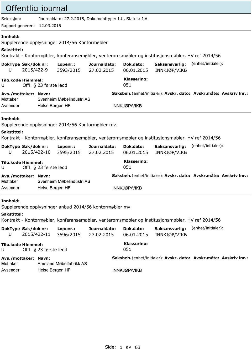 23 første ledd 051 Avs./mottaker: Navn: Saksbeh. Avskr. dato: Avskr.måte: Avskriv lnr.: Mottaker Svenheim Møbelindustri AS NNKJØ/VKB Supplerende opplysninger 2014/56 Kontormøbler mv.