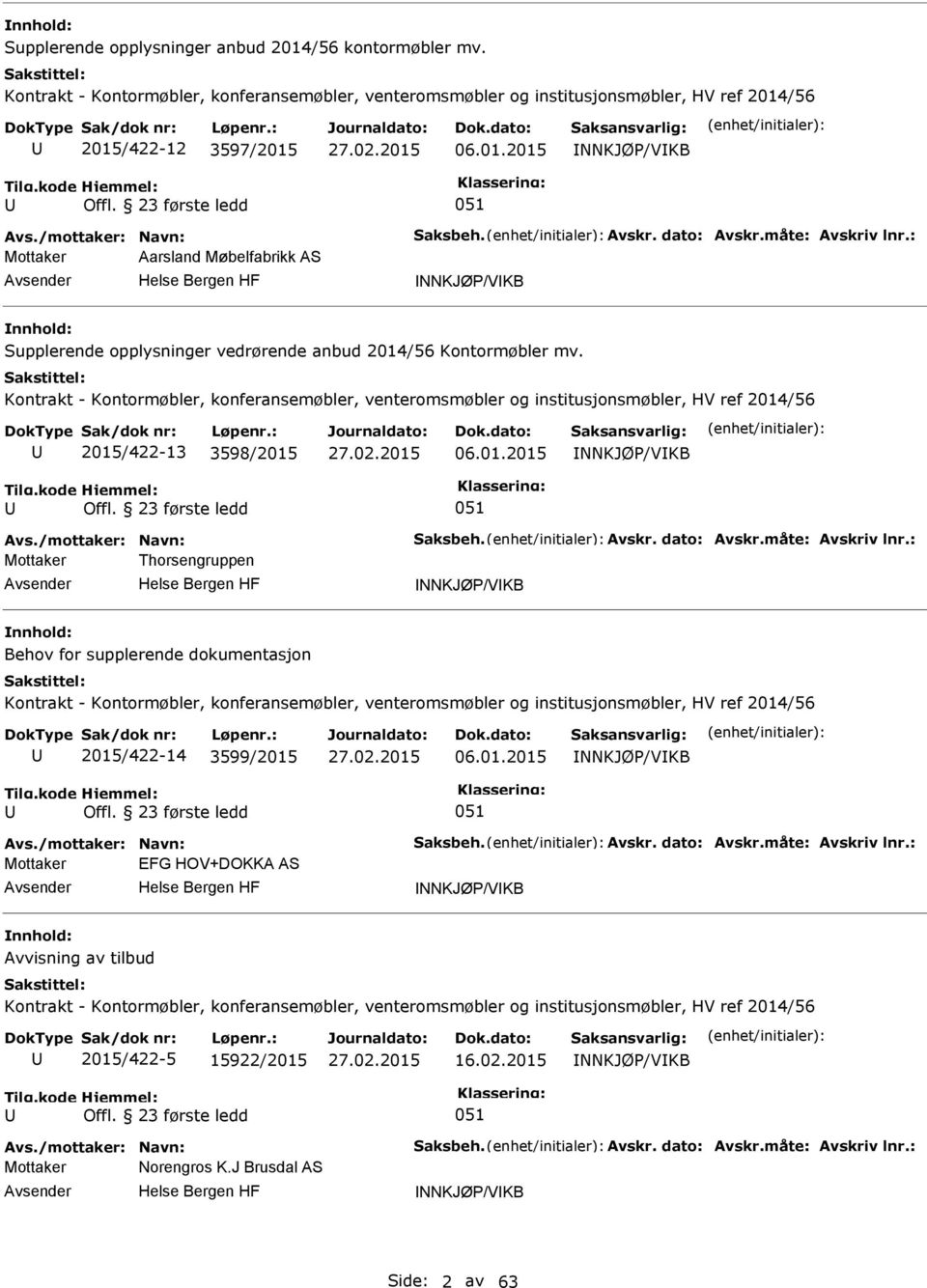 Kontrakt - Kontormøbler, konferansemøbler, venteromsmøbler og institusjonsmøbler, HV ref 2014/56 2015/422-13 3598/2015 06.01.2015 NNKJØ/VKB Offl. 23 første ledd 051 Avs./mottaker: Navn: Saksbeh.