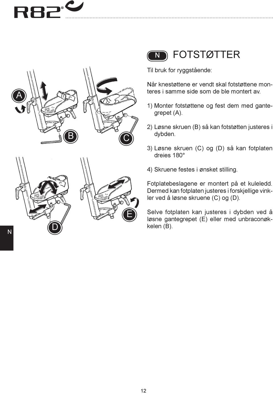 3) Løsne skruen (C) og (D) så kan fotplaten dreies 180 4) Skruene festes i ønsket stilling. Fotplatebeslagene er montert på et kuleledd.