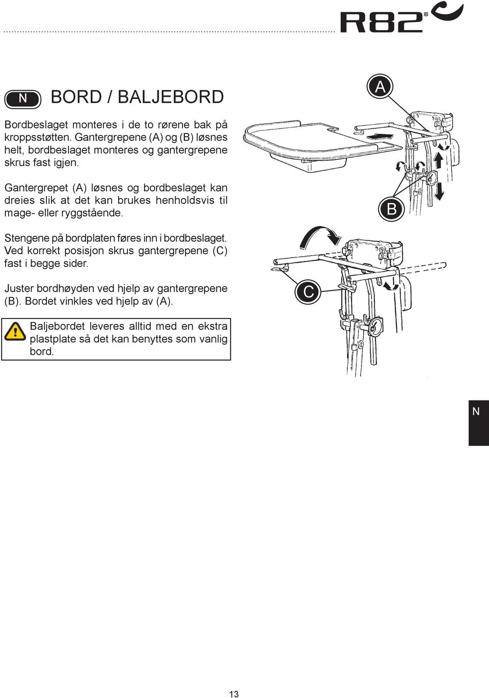 Gantergrepet () løsnes og bordbeslaget kan dreies slik at det kan brukes henholdsvis til mage- eller ryggstående.