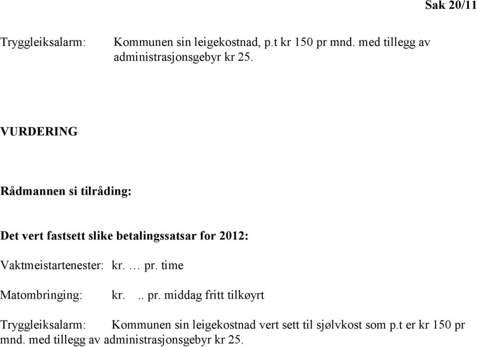 VURDERING Rådmannen si tilråding: Det vert fastsett slike betalingssatsar for 2012: