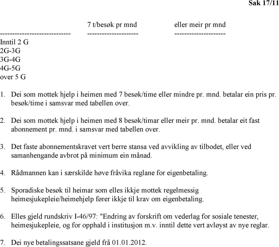 mnd. i samsvar med tabellen over. 3. Det faste abonnementskravet vert berre stansa ved avvikling av tilbodet, eller ved samanhengande avbrot på minimum ein månad. 4.