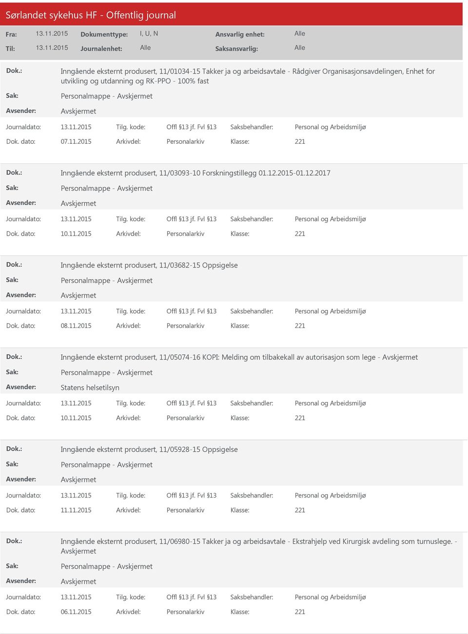 2015 Arkivdel: Personalarkiv Inngående eksternt produsert, 11/