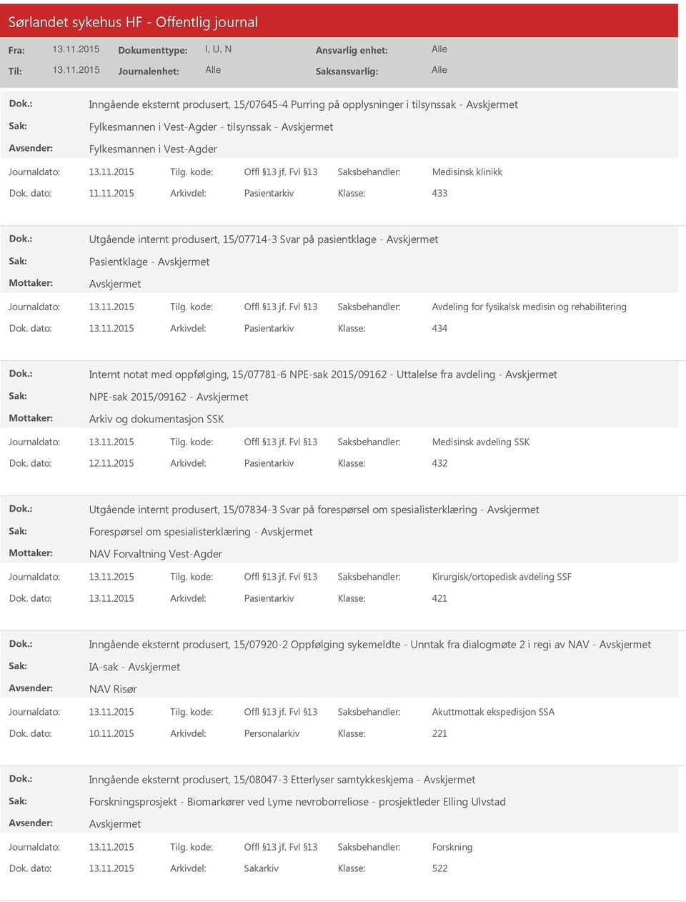dato: Arkivdel: Pasientarkiv 434 Internt notat med oppfølging, 15/07781-6 NPE-sak 2015/09162 - Uttalelse fra avdeling - NPE-sak 2015/09162 - Medisinsk avdeling SSK Dok. dato: 12.11.