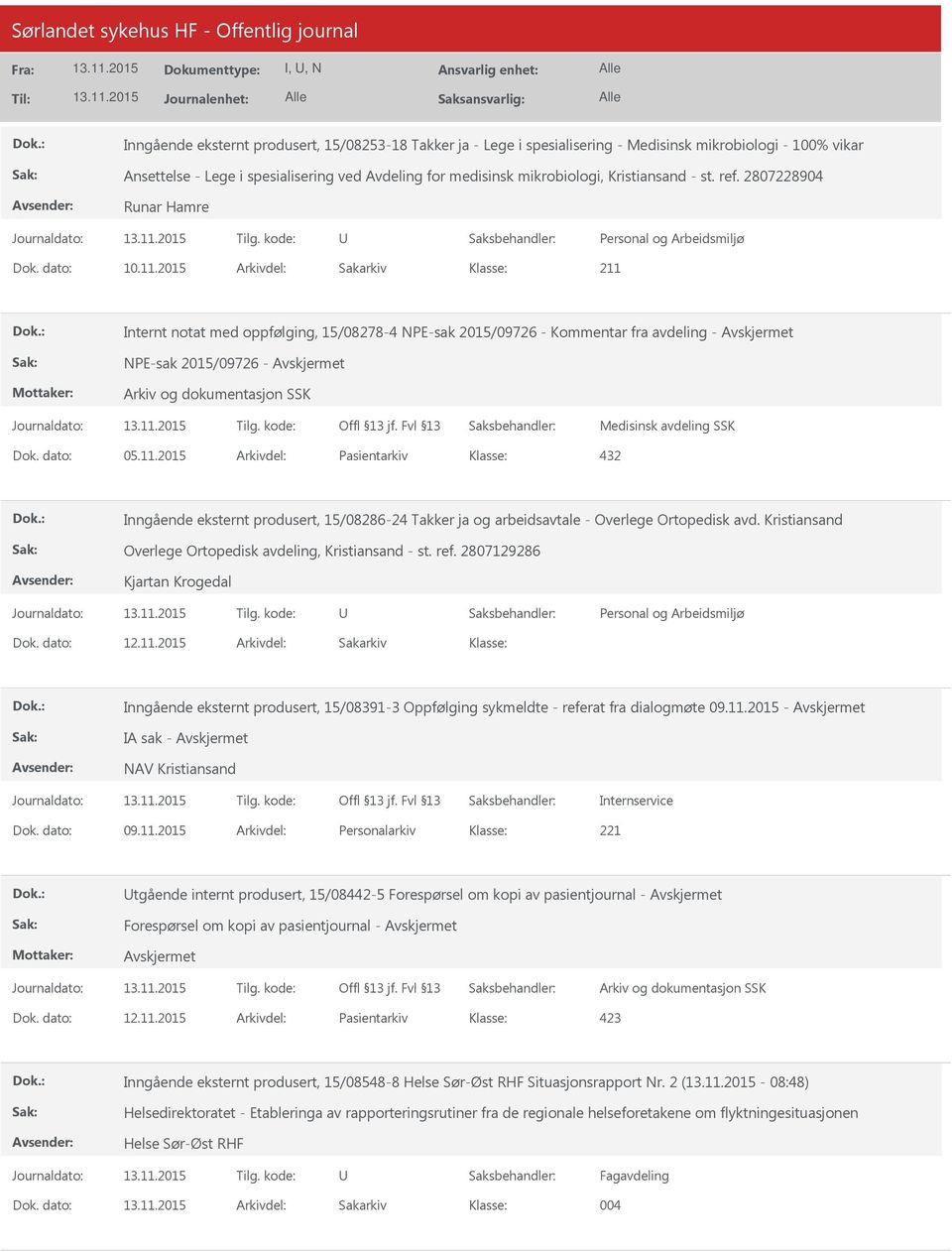 2015 Arkivdel: Sakarkiv 211 Internt notat med oppfølging, 15/08278-4 NPE-sak 2015/09726 - Kommentar fra avdeling - NPE-sak 2015/09726 - Medisinsk avdeling SSK Dok. dato: 05.11.2015 Arkivdel: Pasientarkiv Inngående eksternt produsert, 15/08286-24 Takker ja og arbeidsavtale - Overlege Ortopedisk avd.