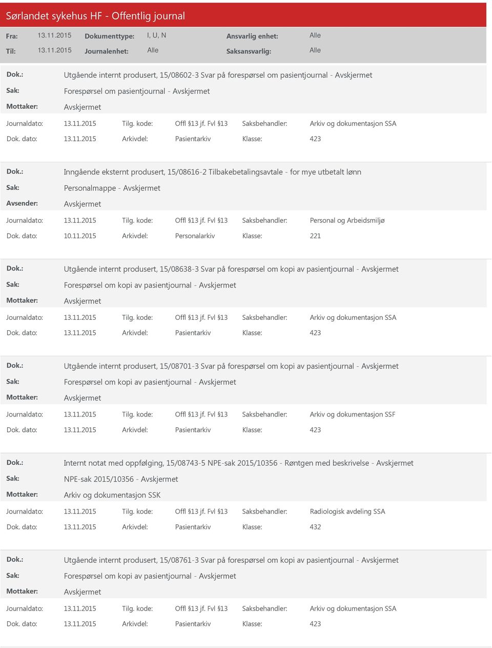 2015 Arkivdel: Personalarkiv Utgående internt produsert, 15/08638-3 Svar på forespørsel om kopi av pasientjournal - Forespørsel om kopi av pasientjournal - Dok.