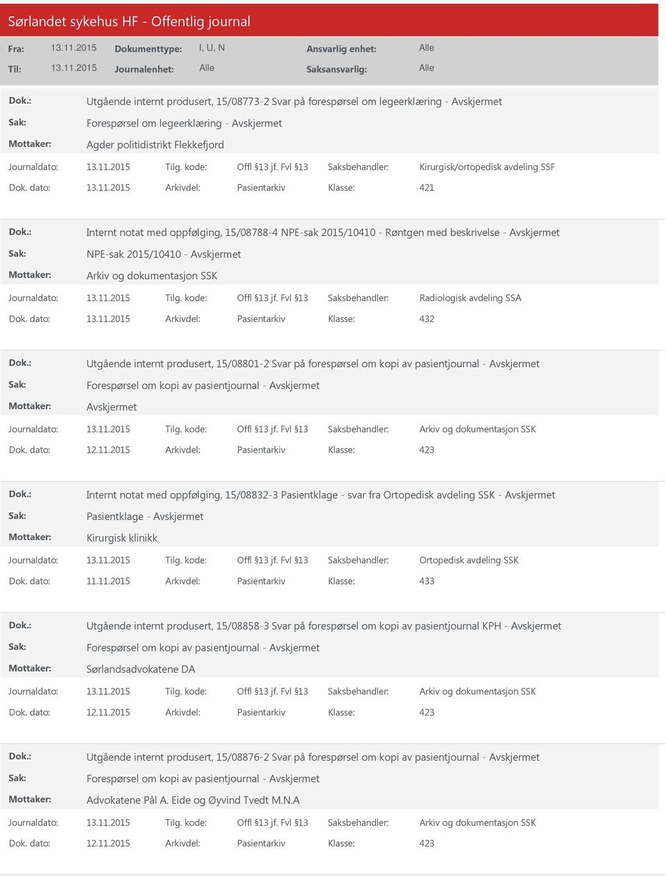 dato: Arkivdel: Pasientarkiv Utgående internt produsert, 15/08801-2 Svar på forespørsel om kopi av pasientjournal - Forespørsel om kopi av pasientjournal - Dok. dato: 12.11.