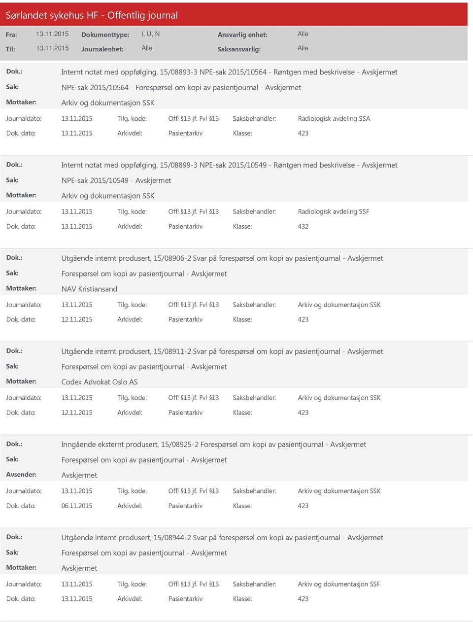 dato: Arkivdel: Pasientarkiv Utgående internt produsert, 15/08906-2 Svar på forespørsel om kopi av pasientjournal - Forespørsel om kopi av pasientjournal - NAV Kristiansand Dok. dato: 12.11.