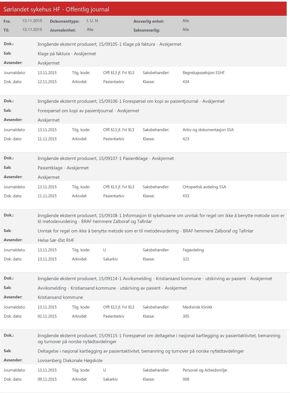 11.2015 Arkivdel: Pasientarkiv Inngående eksternt produsert, 15/09107-1 Pasientklage - Pasientklage - Ortopedisk avdeling SSA Dok. dato: 11.11.2015 Arkivdel: Pasientarkiv 433 Inngående eksternt