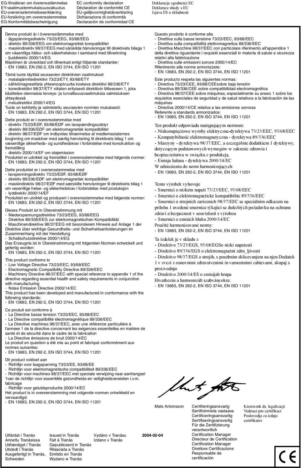 överensstämmelse med - lågspänningsdirektiv 73/23/EEG, 93/68/EEG - direktiv 89/336/EEG om elektromagnetisk kompatibilitet - maskindirektiv 98/37/EEG med särskilda hänvisningar till direktivets bilaga