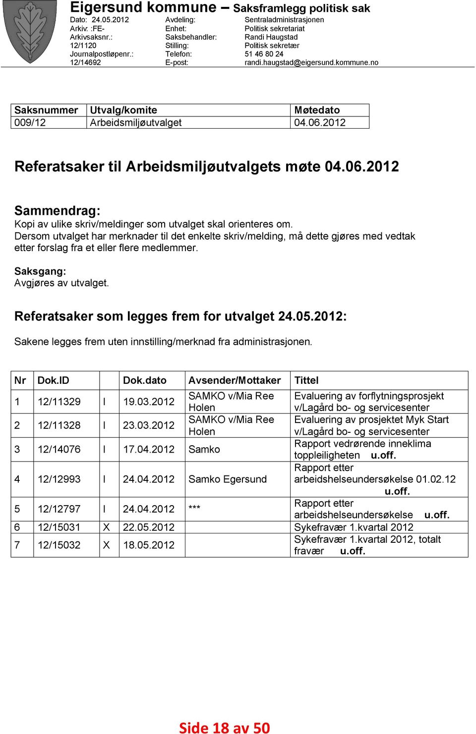 haugstad@eigersund.kommune.no Utvalg/komite Arbeidsmiljøutvalget Møtedato 04.06.2012 Referatsaker til Arbeidsmiljøutvalgets møte 04.06.2012 Sammendrag: Kopi av ulike skriv/meldinger som utvalget skal orienteres om.