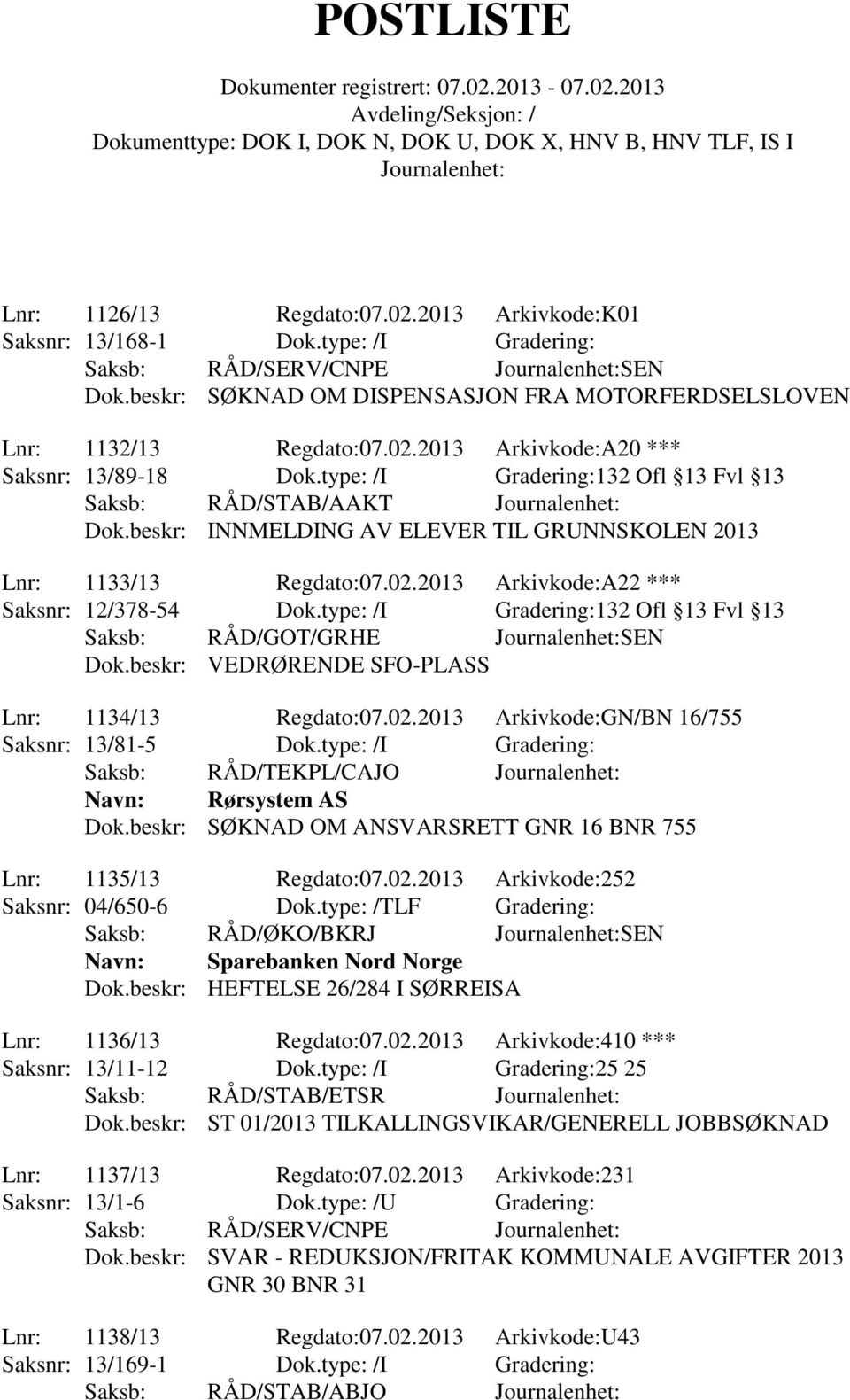 type: /I Gradering:132 Ofl 13 Fvl 13 Saksb: RÅD/GOT/GRHE SEN Dok.beskr: VEDRØRENDE SFO-PLASS Lnr: 1134/13 Regdato:07.02.2013 Arkivkode:GN/BN 16/755 Saksnr: 13/81-5 Dok.