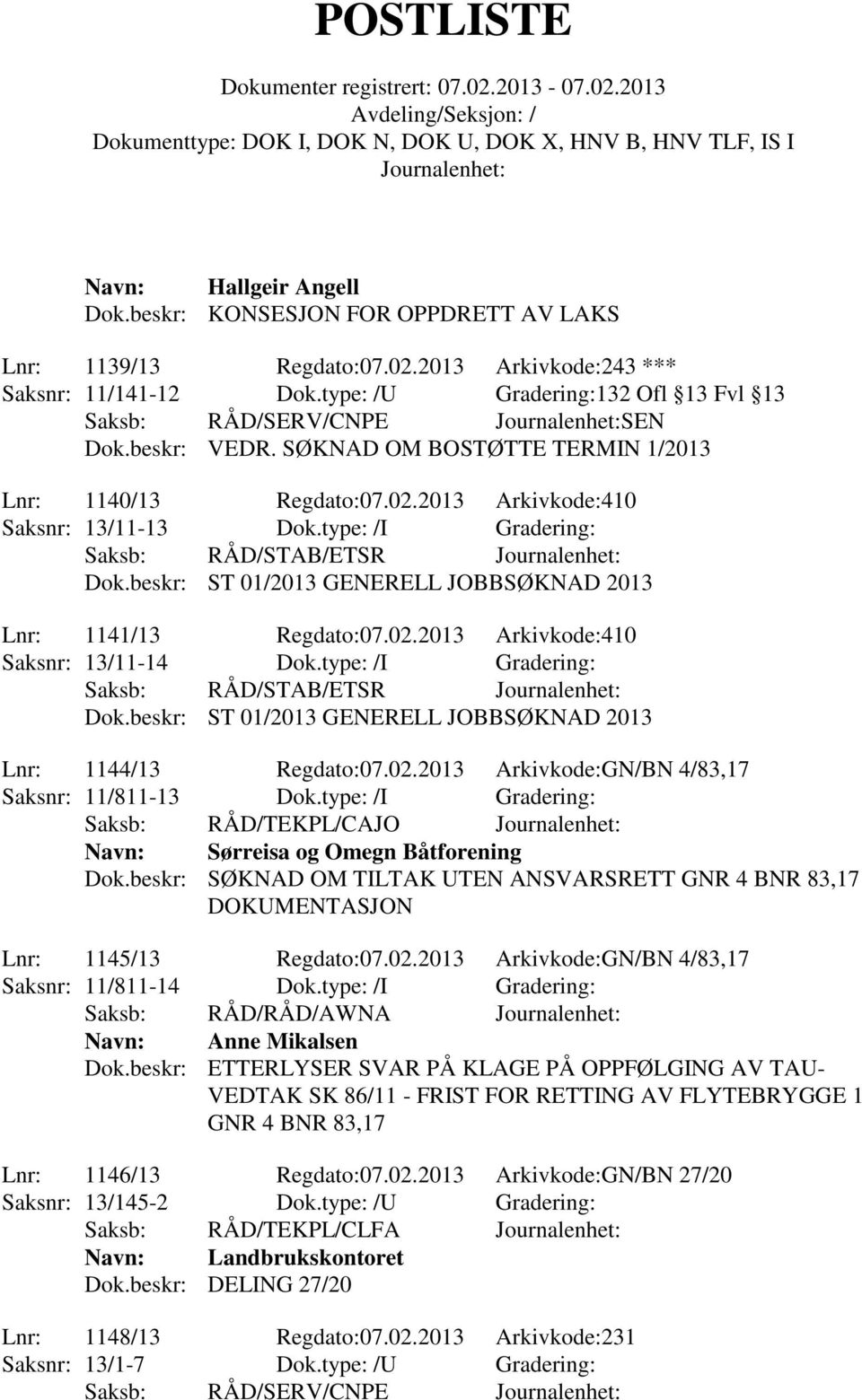 type: /I Gradering: Dok.beskr: ST 01/2013 GENERELL JOBBSØKNAD 2013 Lnr: 1141/13 Regdato:07.02.2013 Arkivkode:410 Saksnr: 13/11-14 Dok.type: /I Gradering: Dok.beskr: ST 01/2013 GENERELL JOBBSØKNAD 2013 Lnr: 1144/13 Regdato:07.