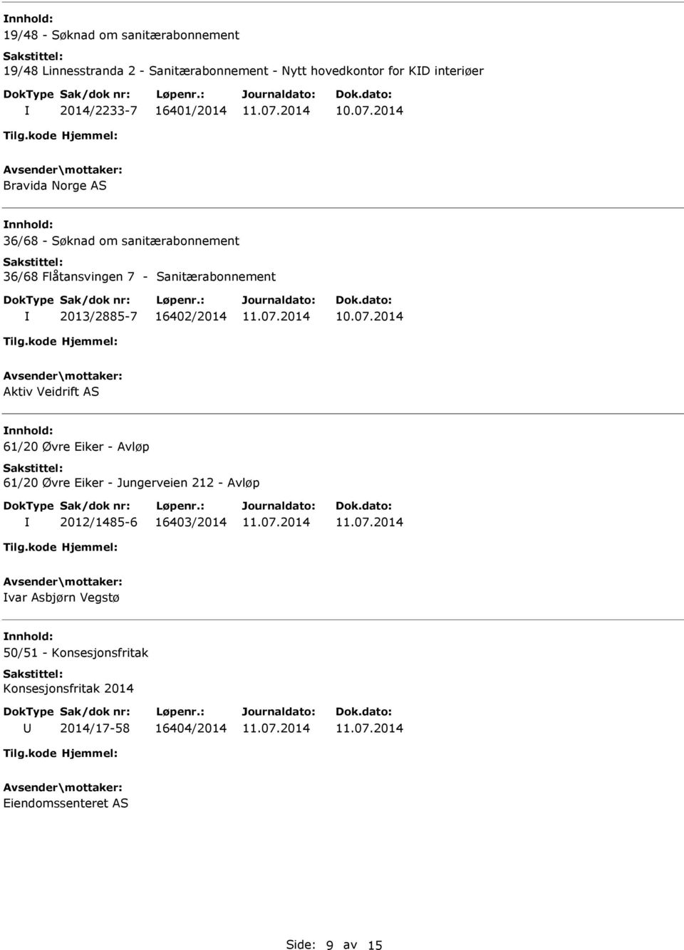 2013/2885-7 16402/2014 Aktiv Veidrift AS 61/20 Øvre Eiker - Avløp 61/20 Øvre Eiker - Jungerveien 212 - Avløp 2012/1485-6