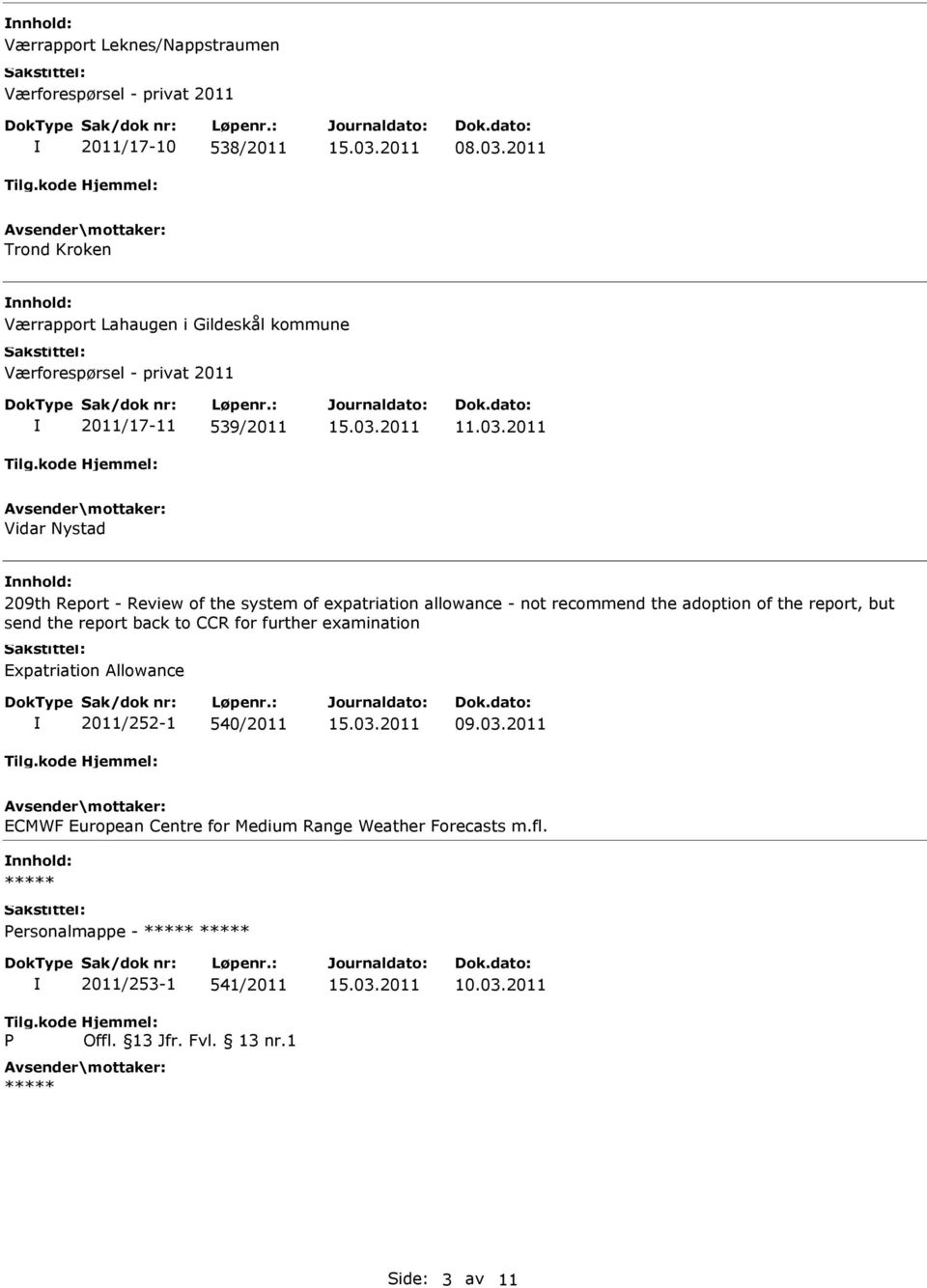 2011 Vidar Nystad 209th Report - Review of the system of expatriation allowance - not recommend the adoption of the report,