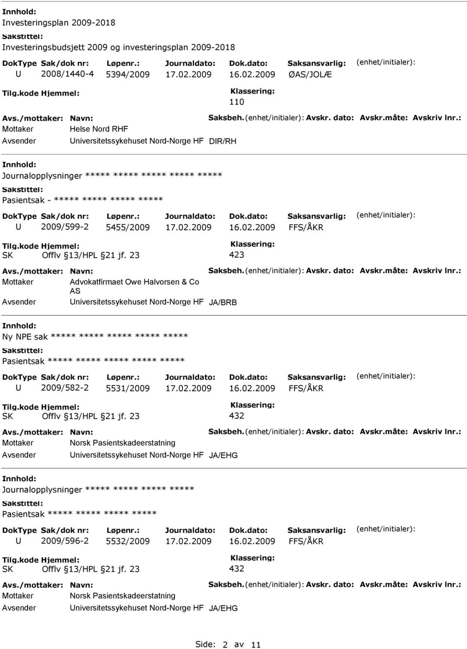 NPE sak ***** ***** ***** ***** ***** Pasientsak ***** ***** ***** ***** ***** 2009/582-2 5531/2009 Mottaker Norsk Pasientskadeerstatning niversitetssykehuset Nord-Norge HF JA/EHG