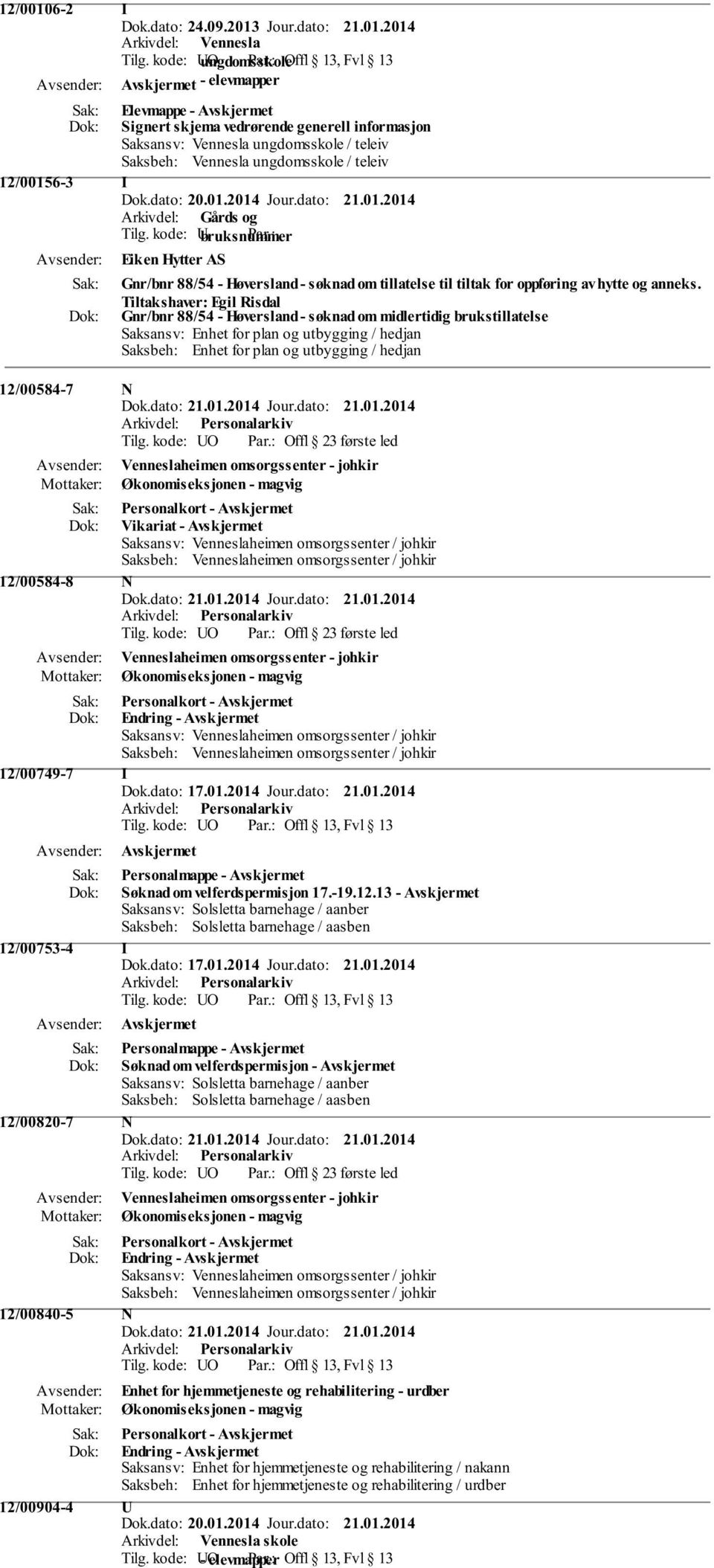 Tilg. kode: UO Offl 23 første led Venneslaheimen omsorgssenter - johkir Økonomiseksjonen - magvig Personalkort - Vikariat - Saksansv: Venneslaheimen omsorgssenter / johkir Saksbeh: Venneslaheimen