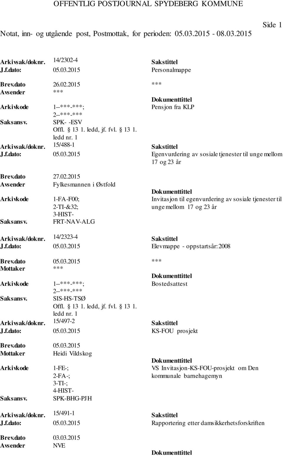 03.2015 Elevmappe - oppstartsår: 2008 Bostedsattest SIS-HS-TSØ Arkivsak/doknr. 15/497-2 Sakstittel J.f.dato: 05.03.2015 KS-FOU prosjekt Brev.dato 05.03.2015 Mottaker Heidi Vildskog 1-FE-; SPK-BHG-PJH VS Invitasjon-KS-FOU-prosjekt om Den kommunale barnehagemyn Arkivsak/doknr.