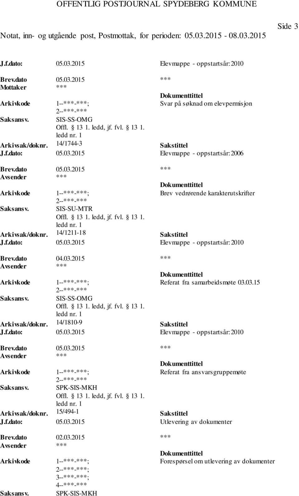 14/1810-9 Sakstittel J.f.dato: 05.03.2015 Elevmappe - oppstartsår: 2010 Referat fra ansvarsgruppemøte SPK-SIS-MKH Arkivsak/doknr. 15/494-1 Sakstittel J.f.dato: 05.03.2015 Utlevering av dokumenter Brev.