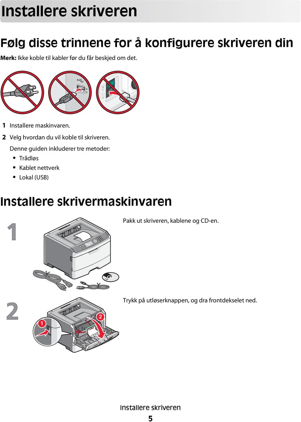 Denne guiden inkluderer tre metoder: Trådløs Kablet nettverk Lokal (USB) Installere skrivermaskinvaren