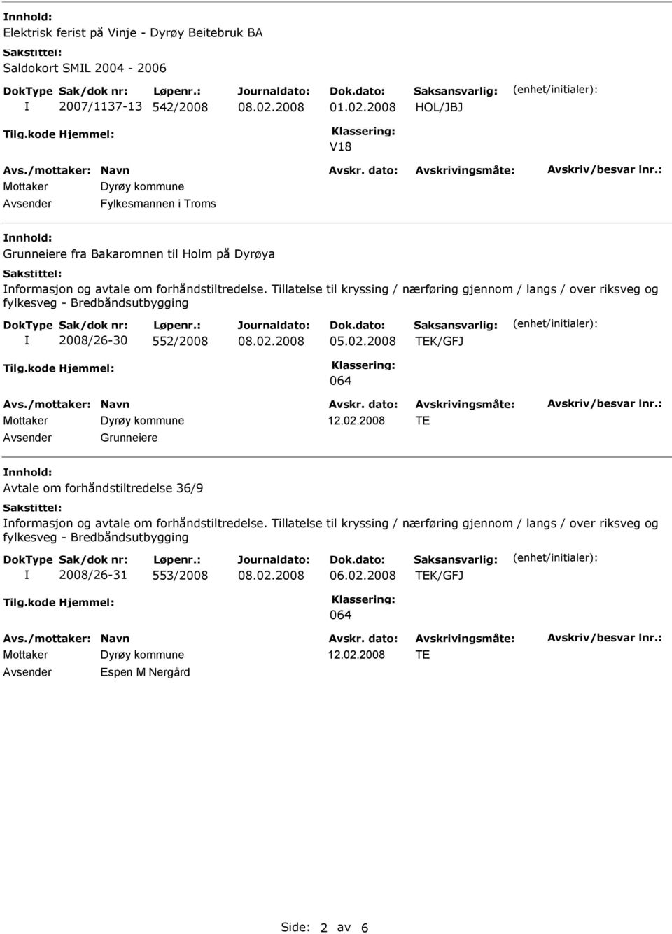 Tillatelse til kryssing / nærføring gjennom / langs / over riksveg og 2008/26-30 552/2008 Grunneiere nnhold: Avtale om