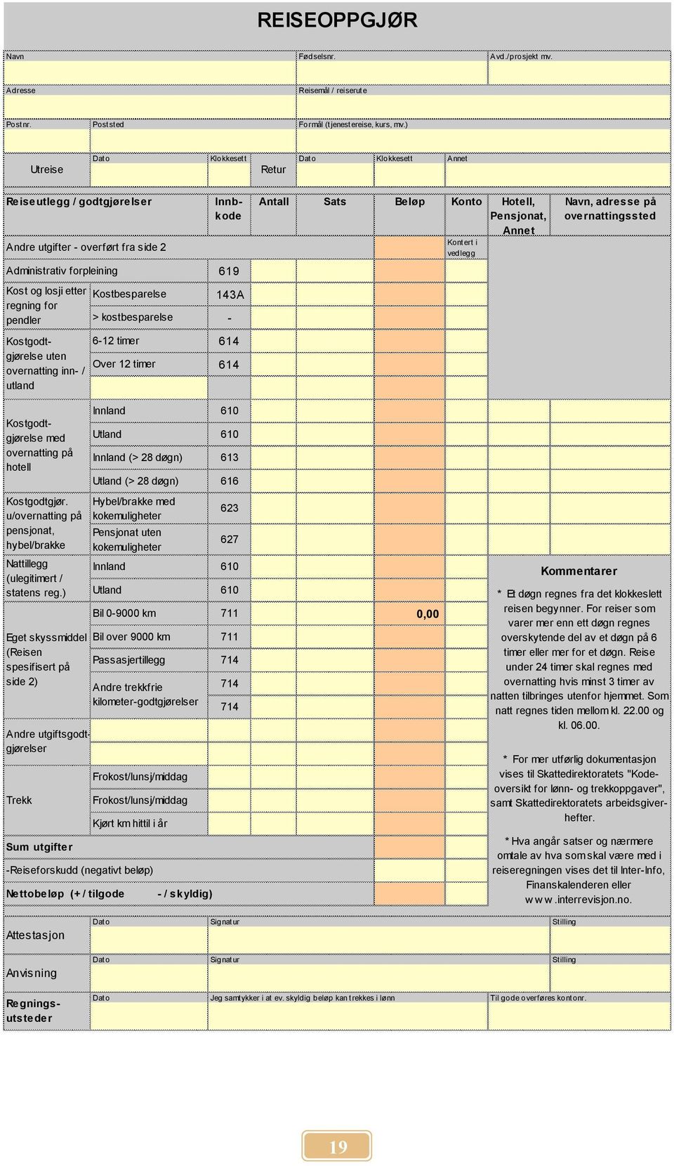 Kostgodtgjørelse uten overnatting inn- / utland Kostbesparelse 619 143A > kostbesparelse - 6-12 timer 614 Over 12 timer 614 Antall Sats Beløp Konto Hotell, Pensjonat, Annet Kontert i vedlegg Navn,