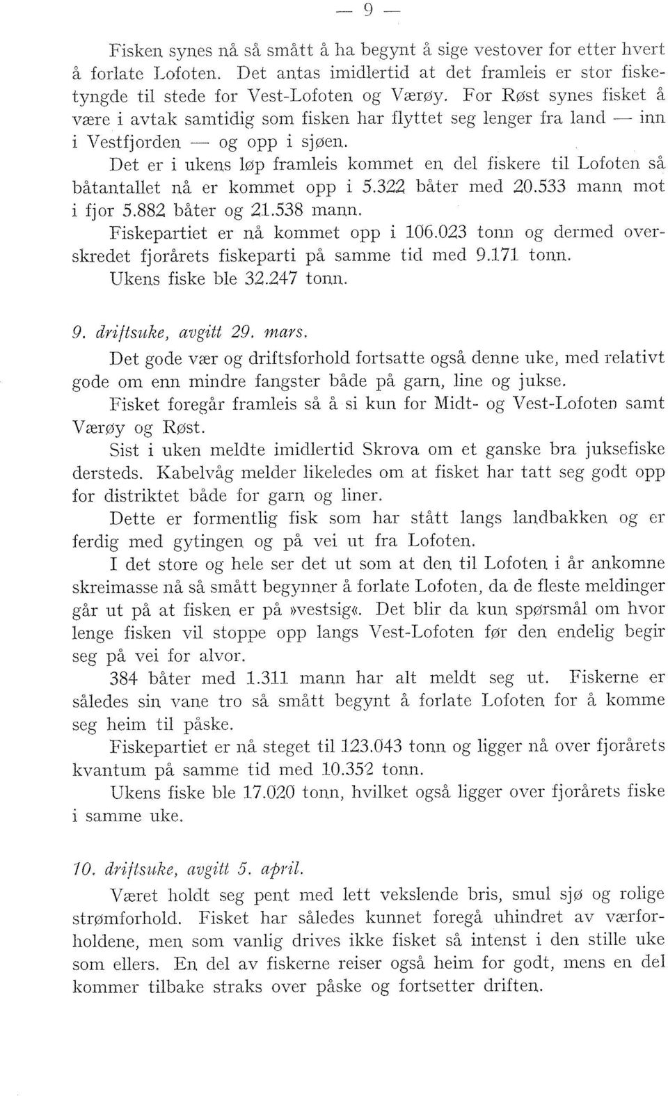 Det ei- i ultens løp frarnleis kommet eri del fiskere til Lofoten så båtantallet nå er kommet opp i 5.322 båter mecl 20.533 manri mot i fjor 5.882 båter og 21.538 marzii.