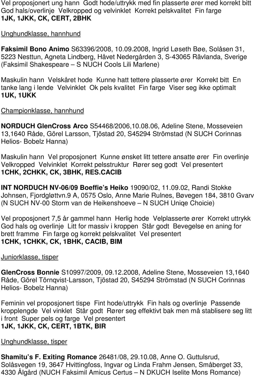 2008, Ingrid Løseth Bøe, Solåsen 31, 5223 Nesttun, Agneta Lindberg, Håvet Nedergården 3, S-43065 Rävlanda, Sverige (Faksimil Shakespeare S NUCH Cools Lili Marlene) Maskulin hann Velskåret hode Kunne