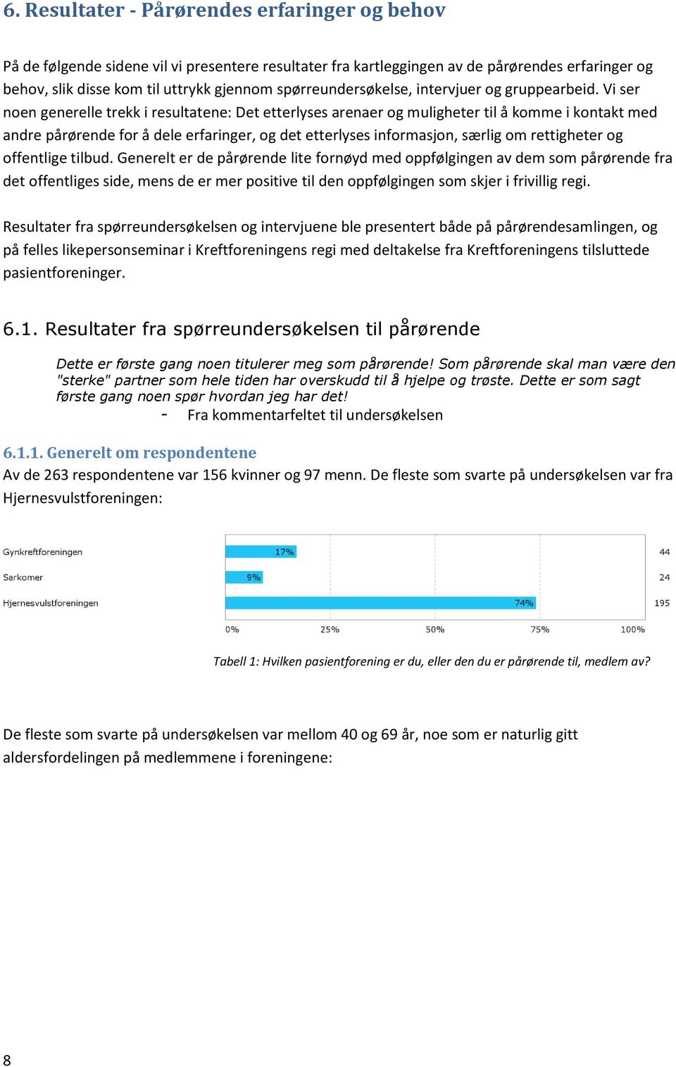 Vi ser noen generelle trekk i resultatene: Det etterlyses arenaer og muligheter til å komme i kontakt med andre pårørende for å dele erfaringer, og det etterlyses informasjon, særlig om rettigheter