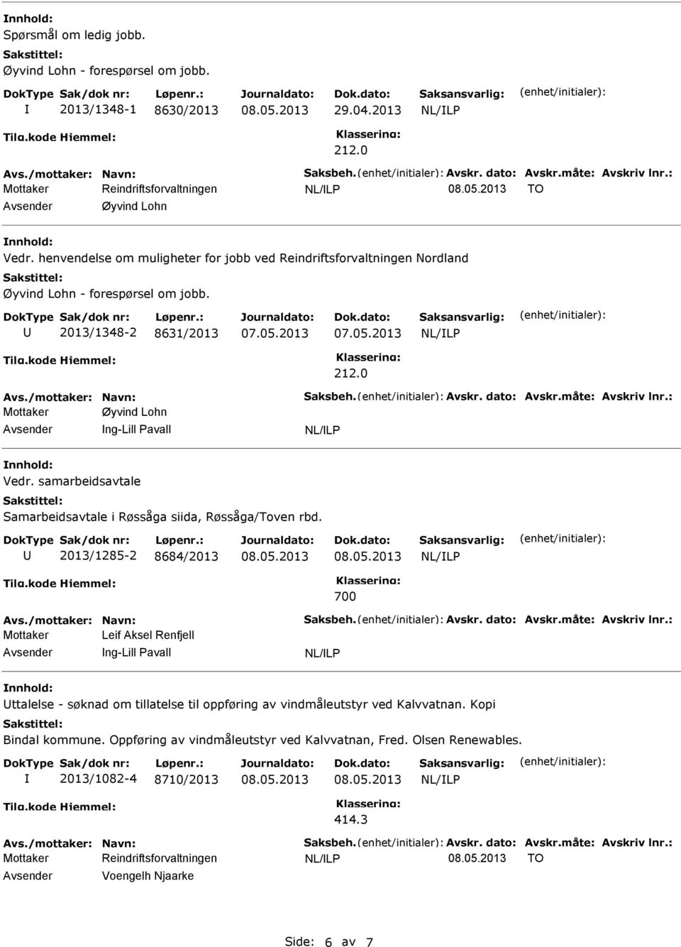 måte: Avskriv lnr.: Mottaker Øyvind Lohn ng-lill Pavall Vedr. samarbeidsavtale Samarbeidsavtale i Røssåga siida, Røssåga/Toven rbd. 2013/1285-2 8684/2013 700 Avs./mottaker: Navn: Saksbeh. Avskr. dato: Avskr.