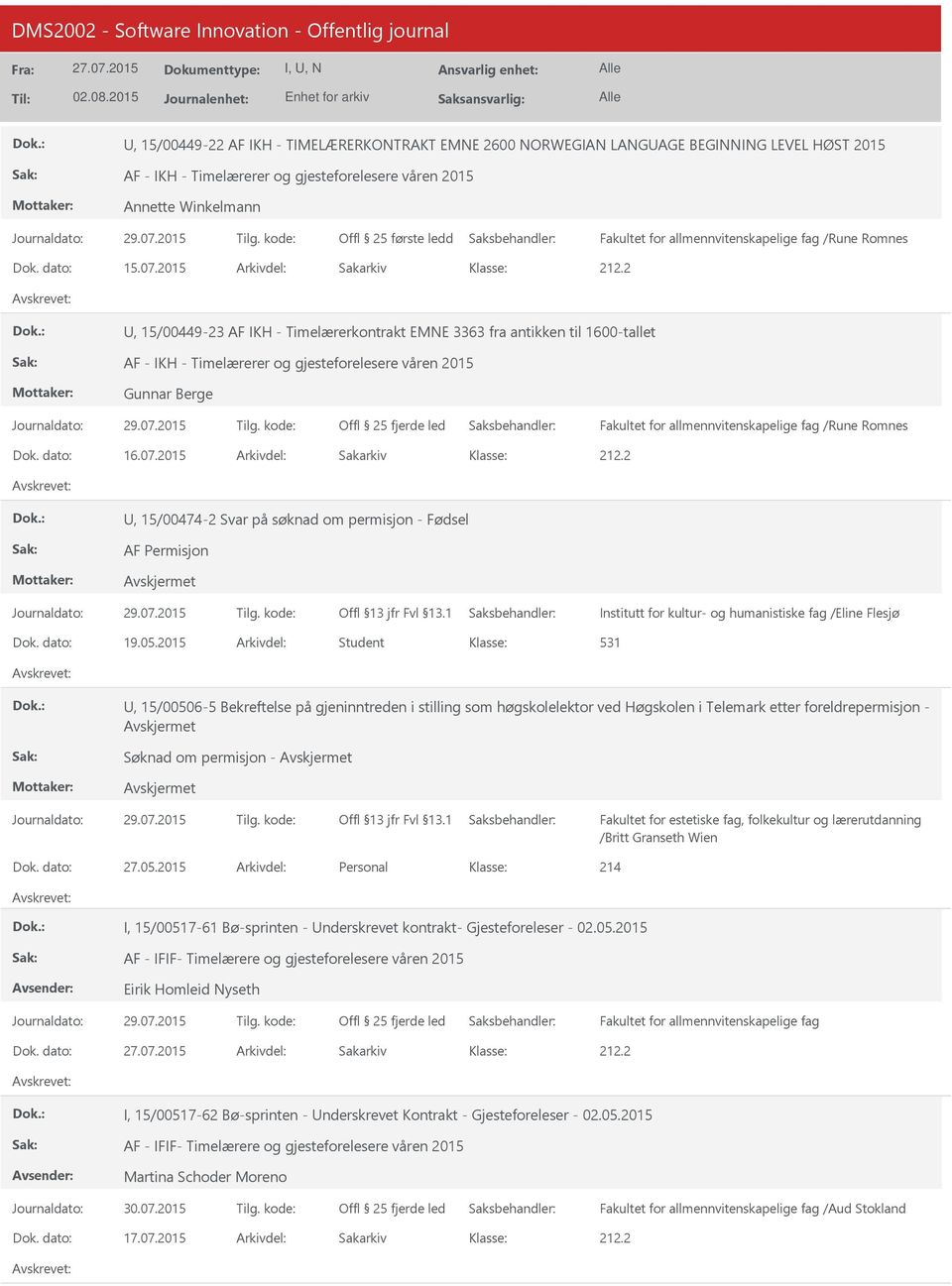 2015 Arkivdel: Sakarkiv, 15/00449-23 AF IKH - Timelærerkontrakt EMNE 3363 fra antikken til 1600-tallet AF - IKH - Timelærerer og gjesteforelesere våren 2015 Gunnar Berge fjerde led Fakultet for