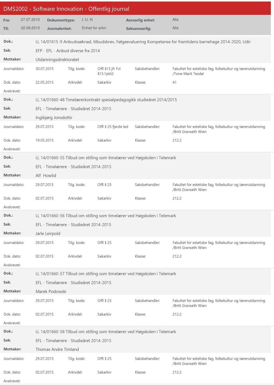 2015 Arkivdel: Sakarkiv 41, 14/01660-48 Timelærerkontrakt spesialpedagogikk studieåret 2014/2015 EFL - Timelærere - Studieåret 2014-2015 Ingibjørg Jonsdottir fjerde led /Britt Granseth Wien Dok.