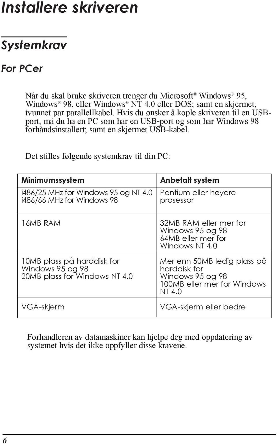 Det stilles f lgende systemkrav til din PC: Minimumssystem i486/25 MHz for Windows 95 og NT 4.