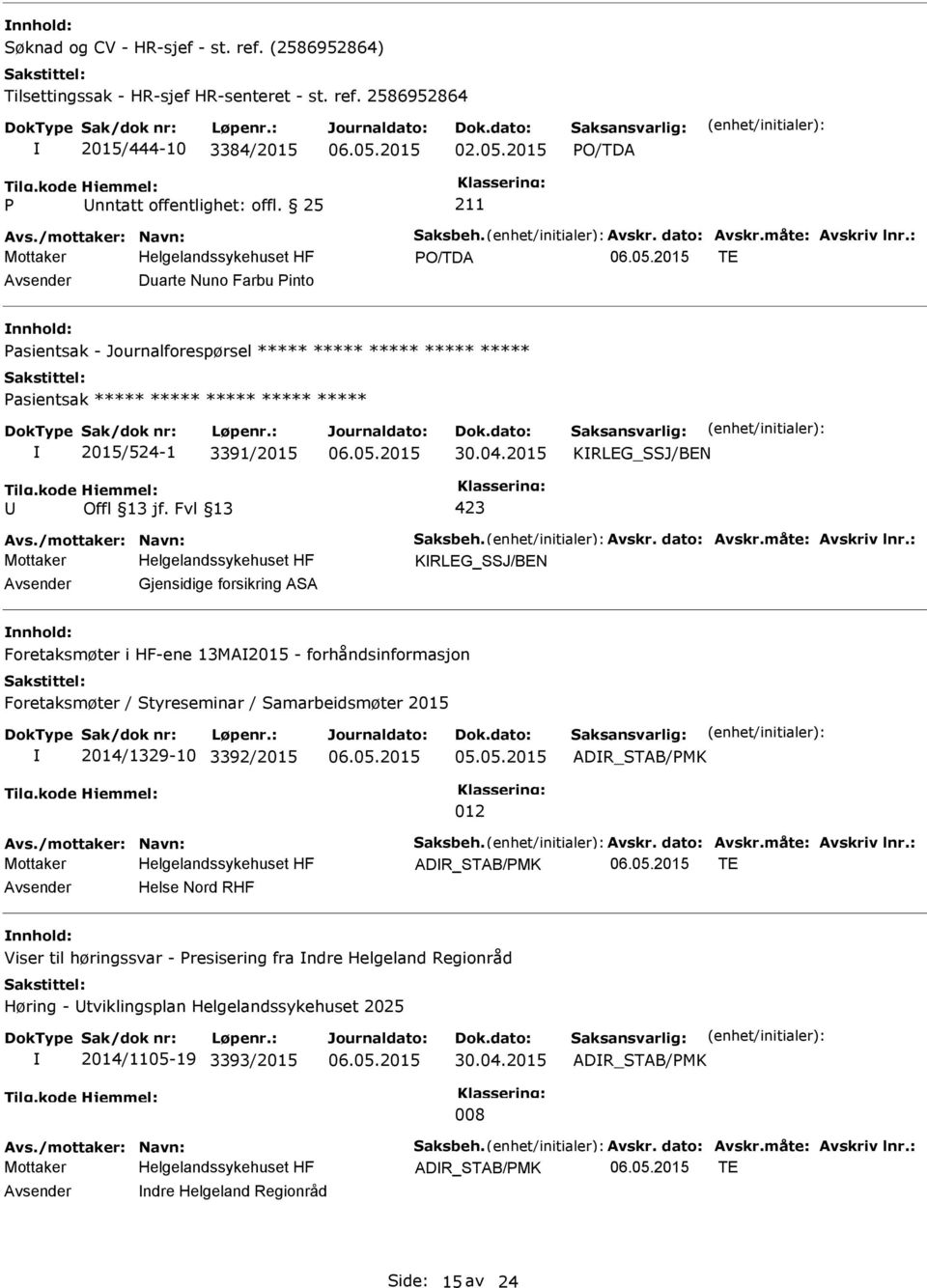 2015 KRLEG_SSJ/BEN Avs./mottaker: Navn: Saksbeh. Avskr. dato: Avskr.måte: Avskriv lnr.