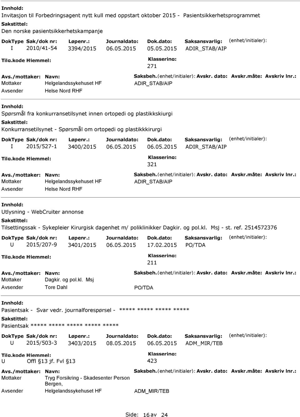 : ADR_STAB/A Helse Nord RHF Spørsmål fra konkurransetilsynet innen ortopedi og plastikkskiurgi Konkurransetilsynet - Spørsmål om ortopedi og plastikkkirurgi 2015/527-1 3400/2015 ADR_STAB/A 321 Avs.