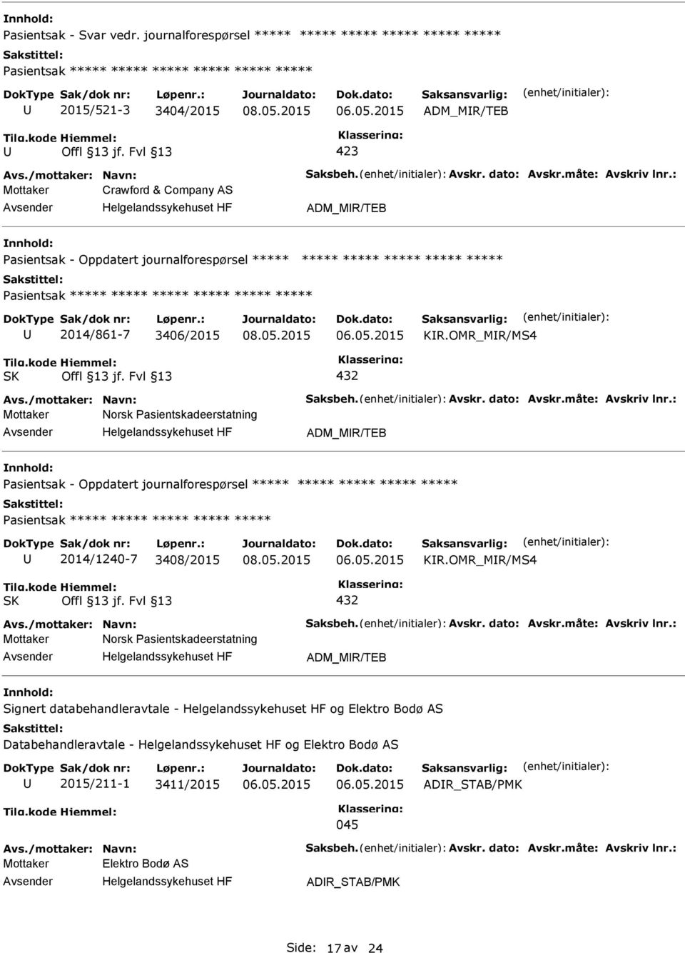 : Mottaker Crawford & Company AS ADM_MR/TEB asientsak - Oppdatert journalforespørsel ***** ***** ***** ***** ***** ***** asientsak ***** ***** ***** ***** ***** ***** 2014/861-7 3406/2015 KR.