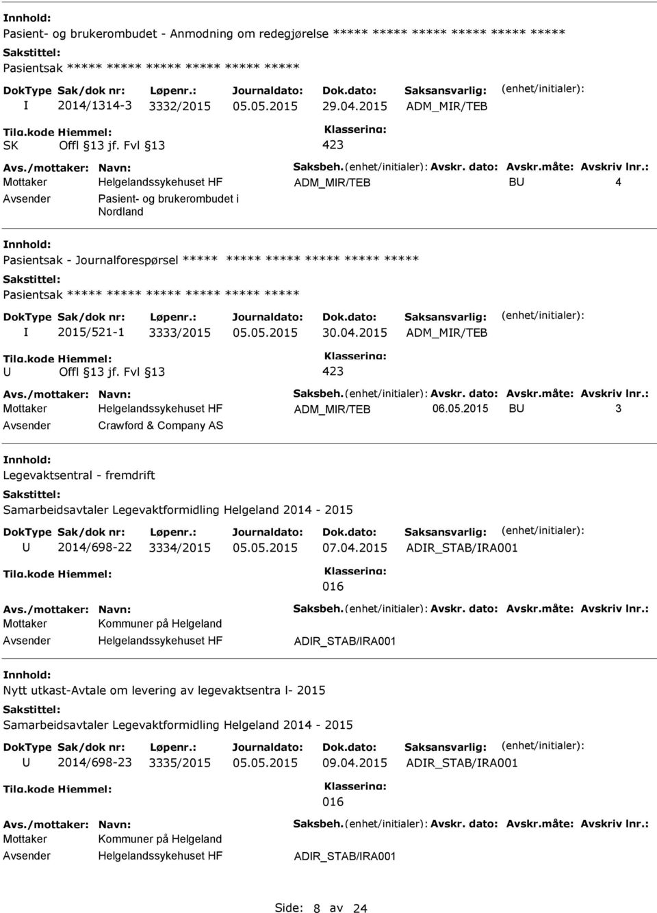 : ADM_MR/TEB B 4 asient- og brukerombudet i Nordland asientsak - Journalforespørsel ***** ***** ***** ***** ***** ***** asientsak ***** ***** ***** ***** ***** ***** 2015/521-1 3333/2015 30.04.