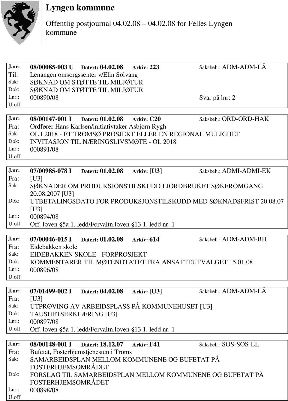 : ORD-ORD-HAK Fra: Ordfører Hans Karlsen/initiativtaker Asbjørn Rygh Sak: OL I 2018 - ET TROMSØ PROSJEKT ELLER EN REGIONAL MULIGHET Dok: INVITASJON TIL NÆRINGSLIVSMØTE - OL 2018 Lnr.: 000891/08 J.