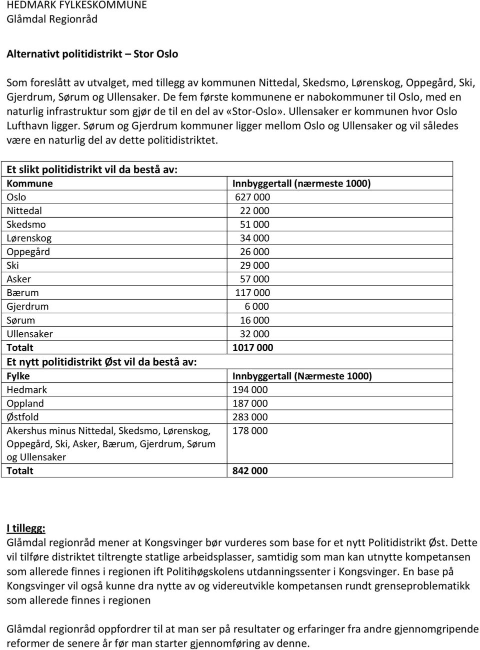 Sørum og Gjerdrum kommuner ligger mellom Oslo og Ullensaker og vil således være en naturlig del av dette politidistriktet.