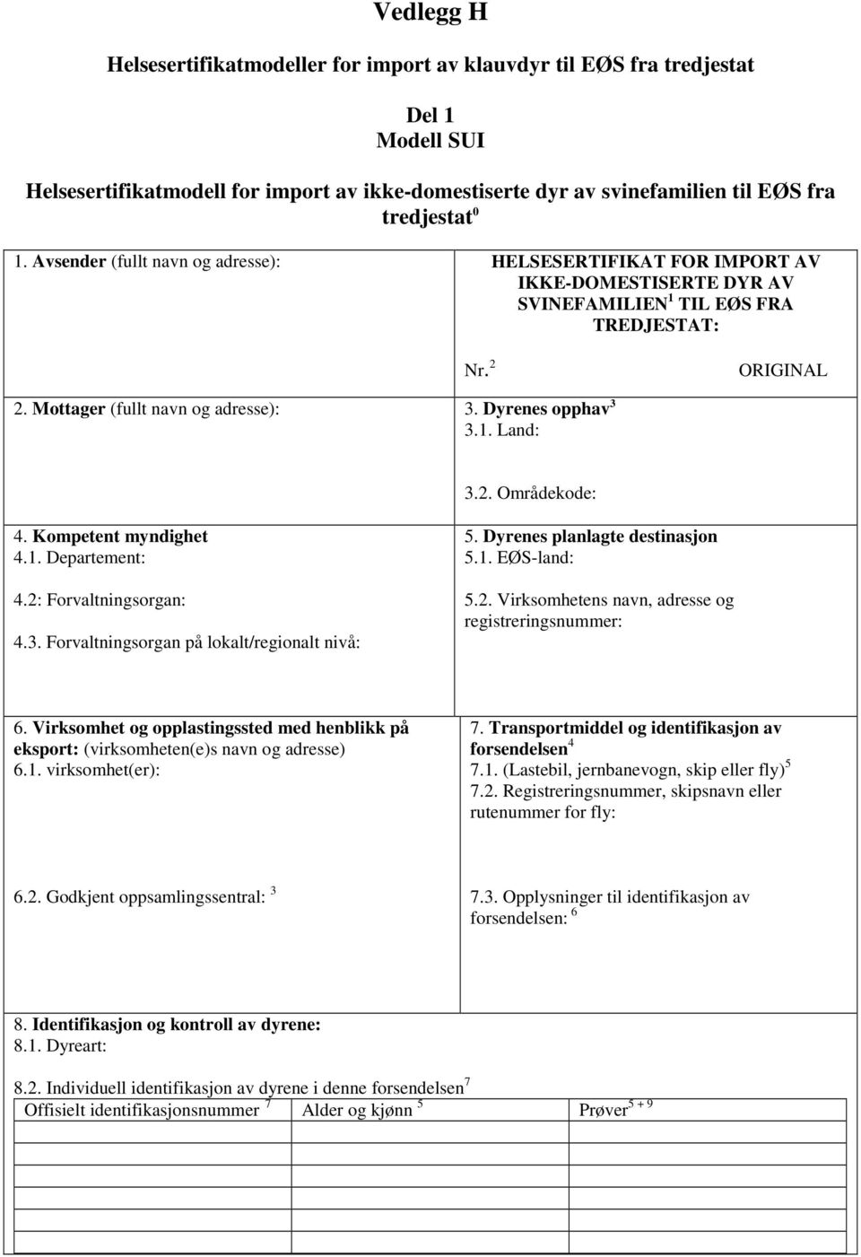 Dyrenes opphav 3 3.1. Land: 3.2. Områdekode: 4. Kompetent myndighet 4.1. Departement: 4.2: Forvaltningsorgan: 4.3. Forvaltningsorgan på lokalt/regionalt nivå: 5. Dyrenes planlagte destinasjon 5.1. EØS-land: 5.
