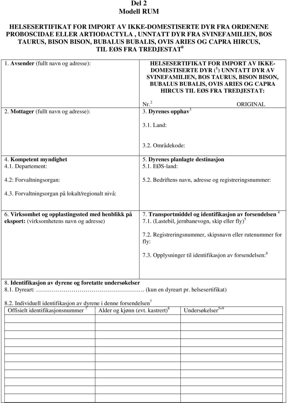 Avsender (fullt navn og adresse): HELSESERTIFIKAT FOR IMPORT AV IKKE- DOMESTISERTE DYR ( 1 ) UNNTATT DYR AV SVINEFAMILIEN, BOS TAURUS, BISON BISON, BUBALUS BUBALIS, OVIS ARIES OG CAPRA HIRCUS TIL EØS