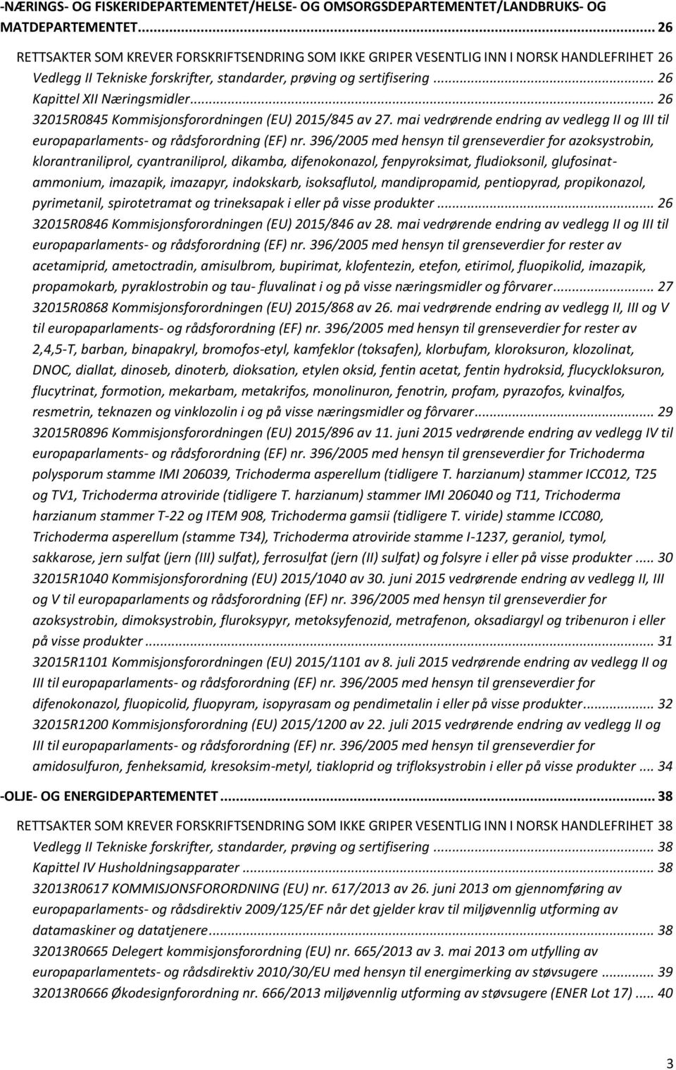 .. 26 Kapittel XII Næringsmidler... 26 32015R0845 Kommisjonsforordningen (EU) 2015/845 av 27. mai vedrørende endring av vedlegg II og III til europaparlaments- og rådsforordning (EF) nr.