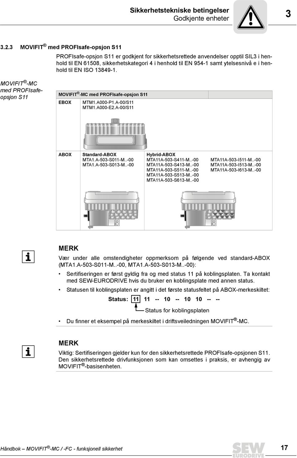 e i henhold til EN ISO 13849-1. MOVIFIT -MC med PROFIsafeopsjon S11 MOVIFIT -MC med PROFIsafe-opsjon S11 EBOX MTM1.A000-P1.A-00/S11 MTM1.A000-E2.A-00/S11 ABOX Standard-ABOX MTA1.A-503-S011-M..-00 MTA1.