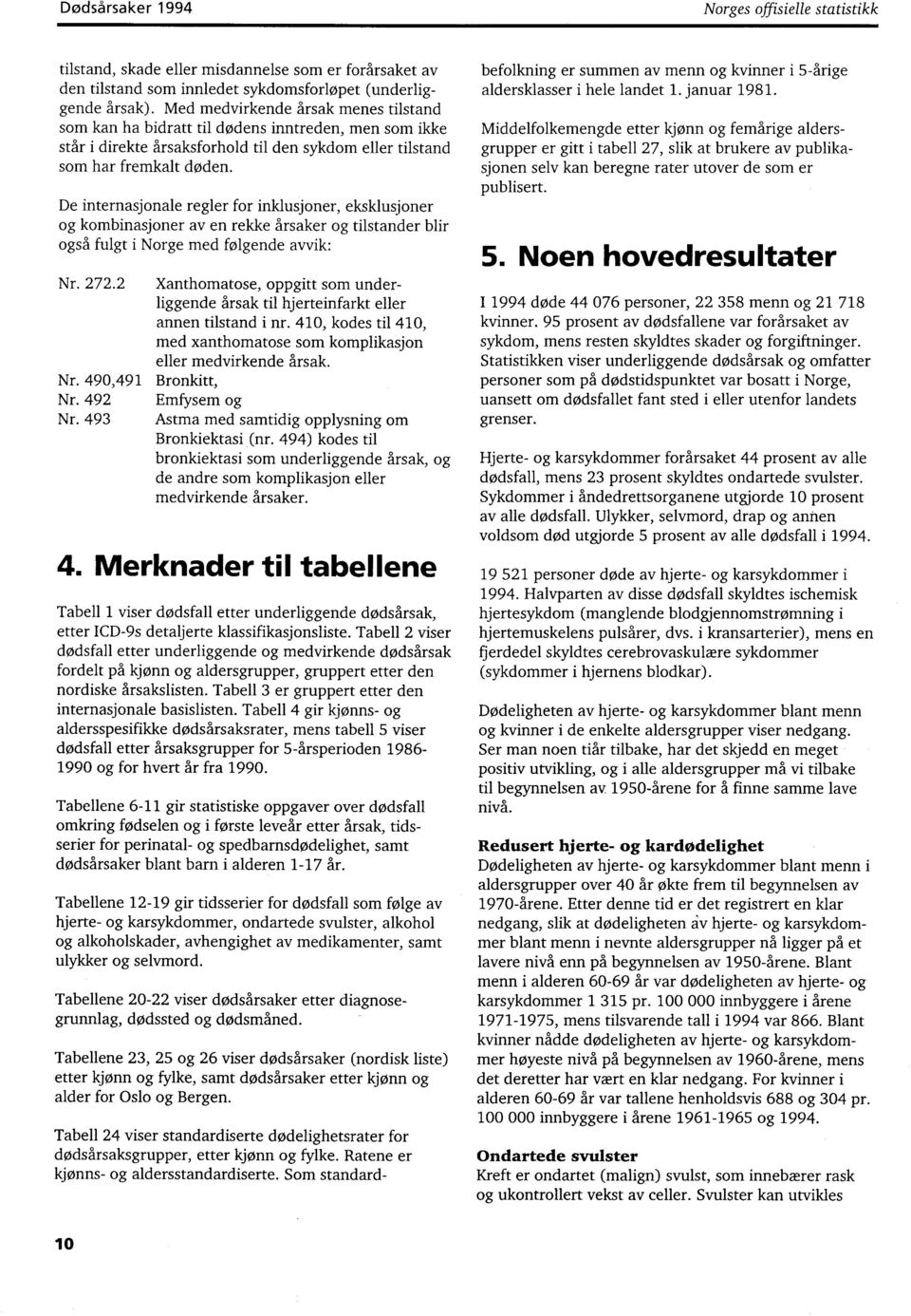 De internasjonale regler for inklusjoner, eksklusjoner og kombinasjoner av en rekke årsaker og tilstander blir også fulgt i Norge med følgende avvik: Nr. 272.2 Nr. 490,49 Nr. 492 Nr.