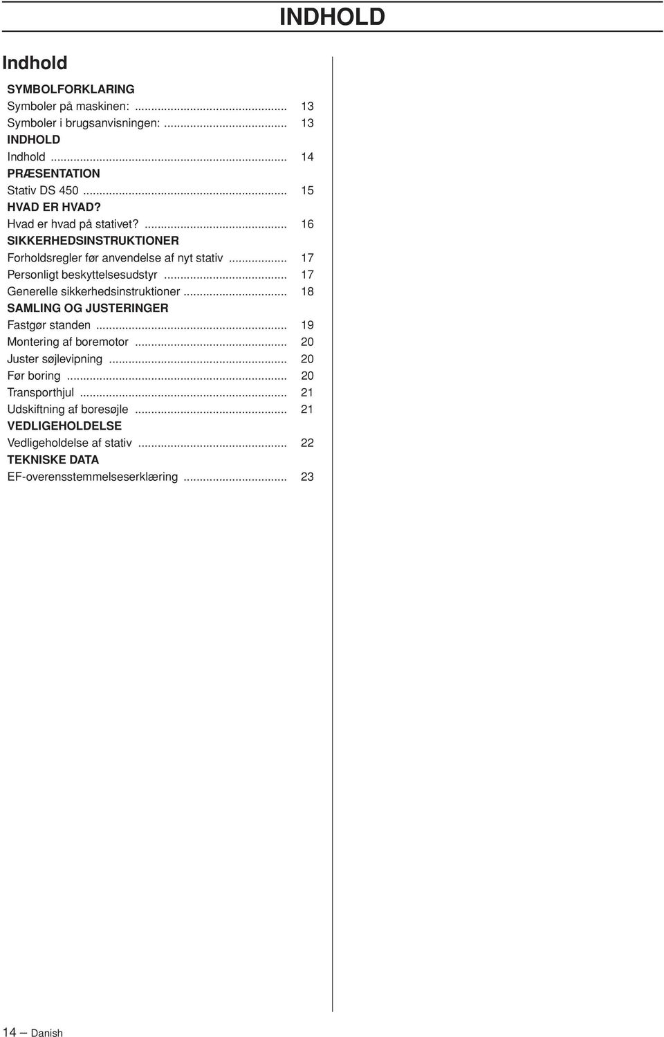 .. 17 Generelle sikkerhedsinstruktioner... 18 SAMLING OG JUSTERINGER Fastgør standen... 19 Montering af boremotor... 20 Juster søjlevipning... 20 Før boring.