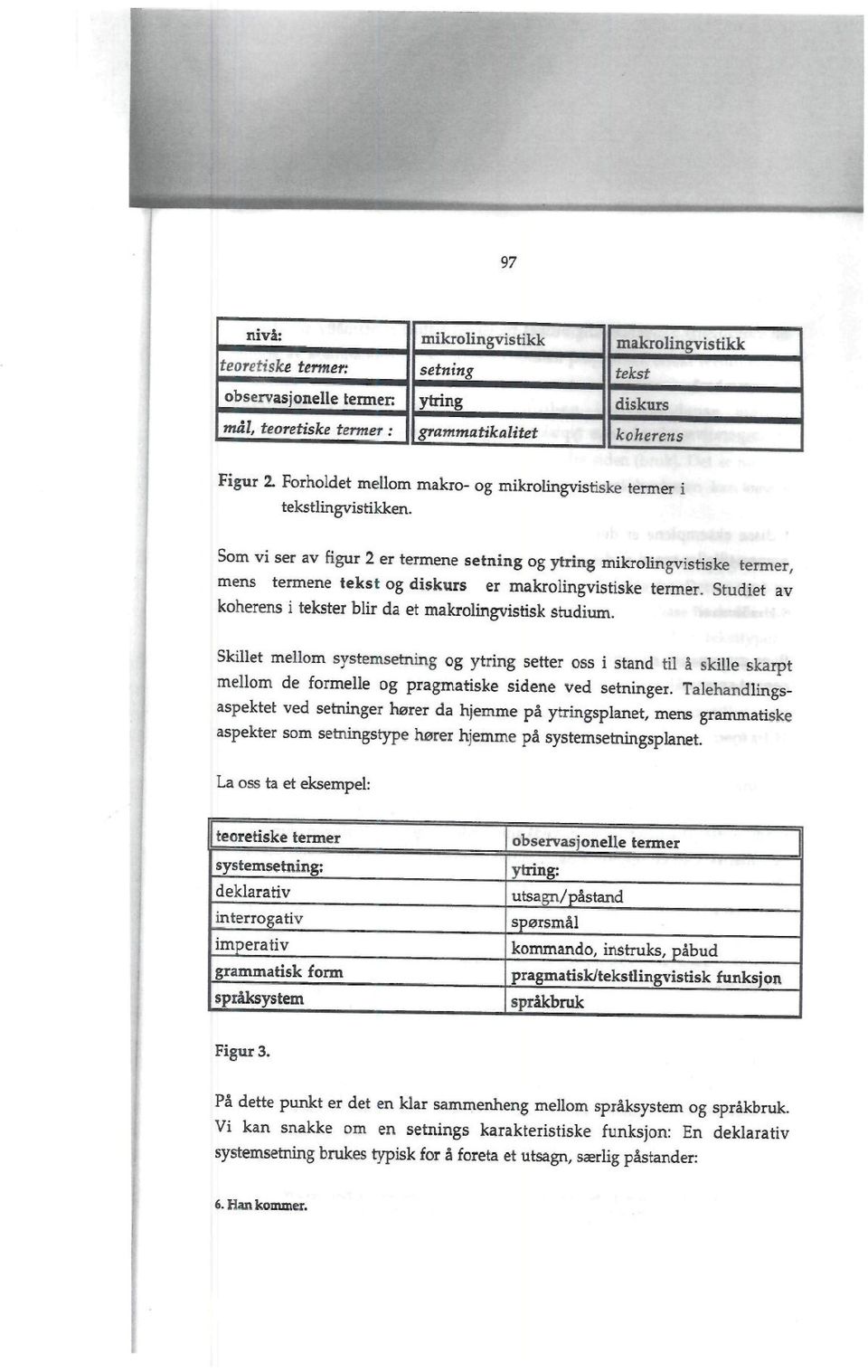 Som vi ser av figur 2 er termene setning og ytring mikrolingvistiske termer, mens termene tekst og diskurs er makrolingvistiske termer.