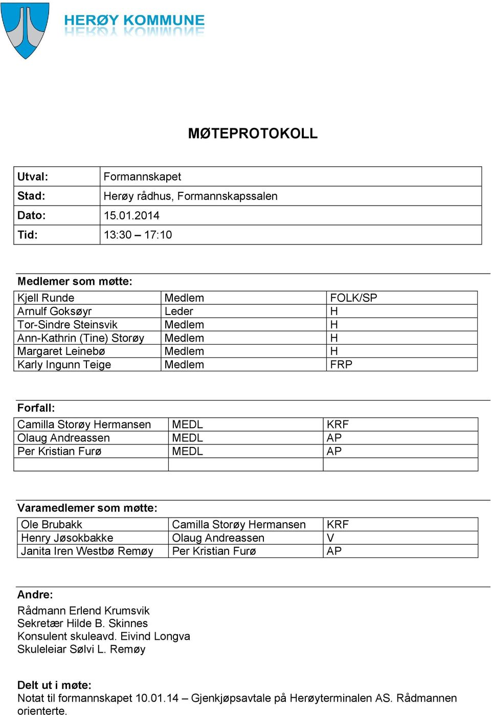 Ingunn Teige Medlem FRP Forfall: Camilla Storøy Hermansen MEDL KRF Olaug Andreassen MEDL AP Per Kristian Furø MEDL AP Varamedlemer som møtte: Ole Brubakk Camilla Storøy Hermansen KRF Henry