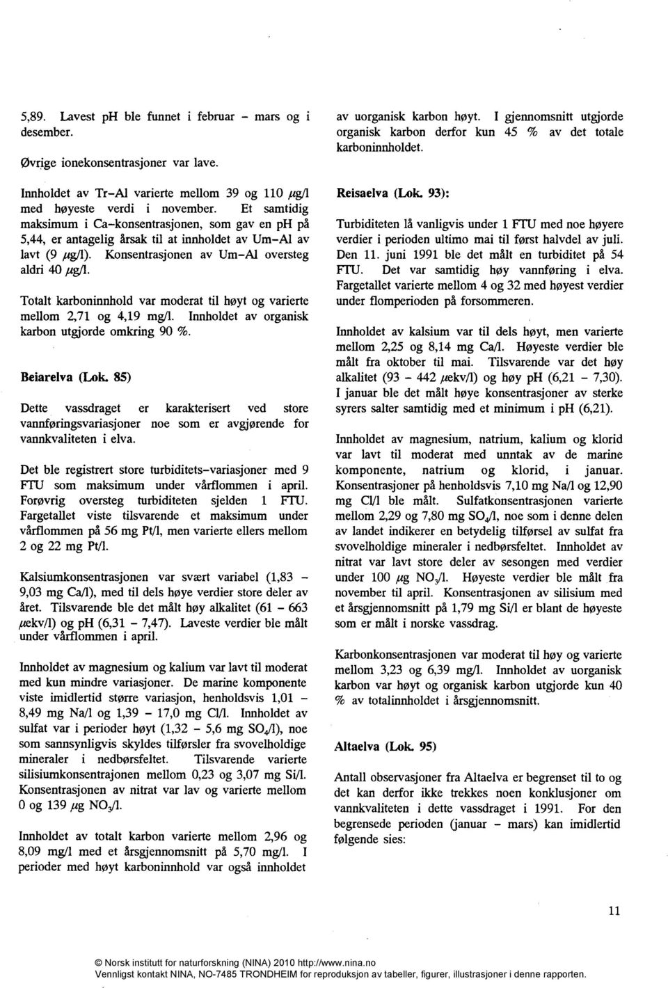 Totalt karboninnhold var moderat til høyt og varierte mellom 2,71 og 4,19 mg/l. Innholdet av organisk karbon utgjorde omkring 90 %. Beiarelva (Lok.