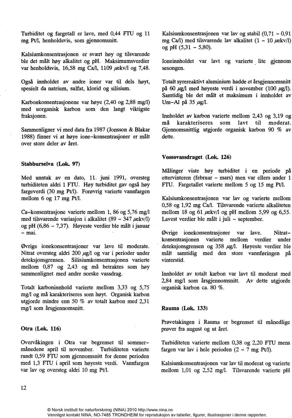 Karbonkonsentrasjonene var høye (2,40 og 2,88 mg/1) med uorganisk karbon som den langt viktigste fraksjonen.