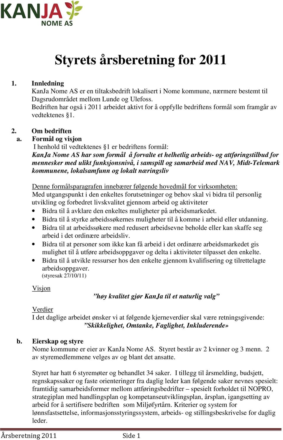 Formål og visjon I henhold til vedtektenes 1 er bedriftens formål: KanJa Nome AS har som formål å forvalte et helhetlig arbeids- og attføringstilbud for mennesker med ulikt funksjonsnivå, i samspill